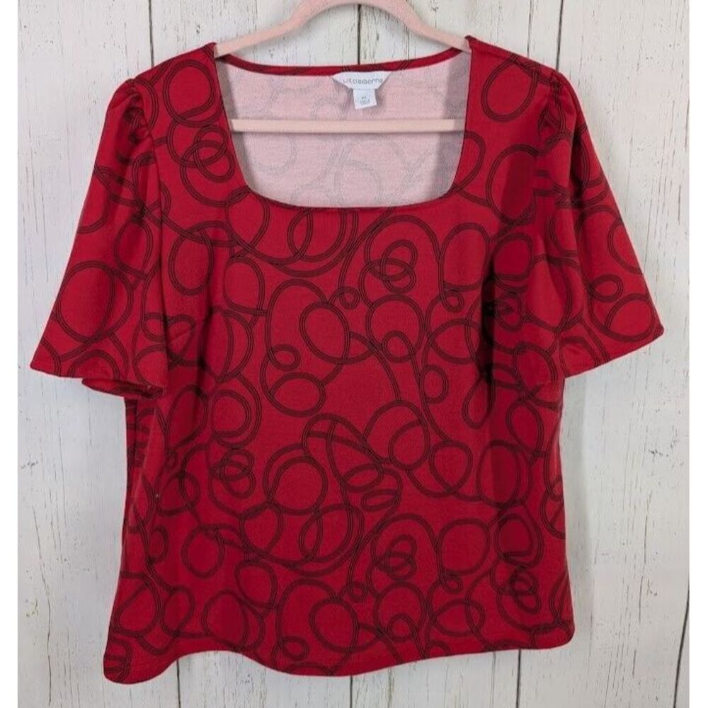 Liz Claiborne Size XL Red Black Patterned‎ Square Neck Short Sleeve Blouse